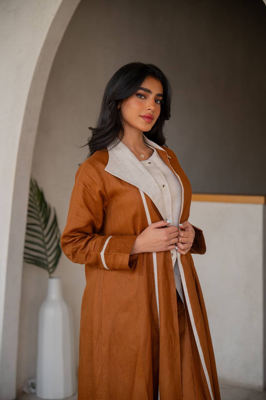 Abaya with inner set made of linen in camel and beige C:6636