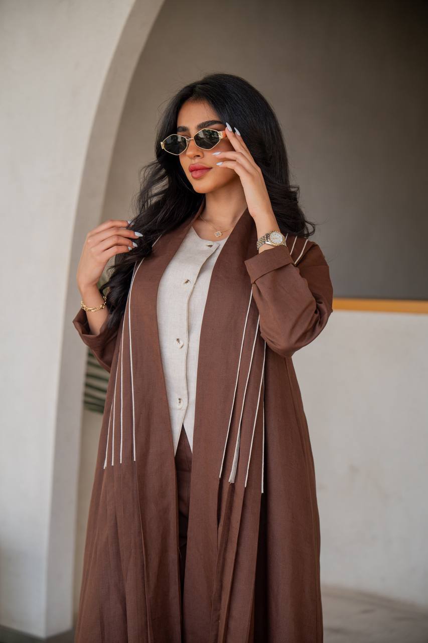 Abaya with inner set made of linen, brown with beige inserts C:6637