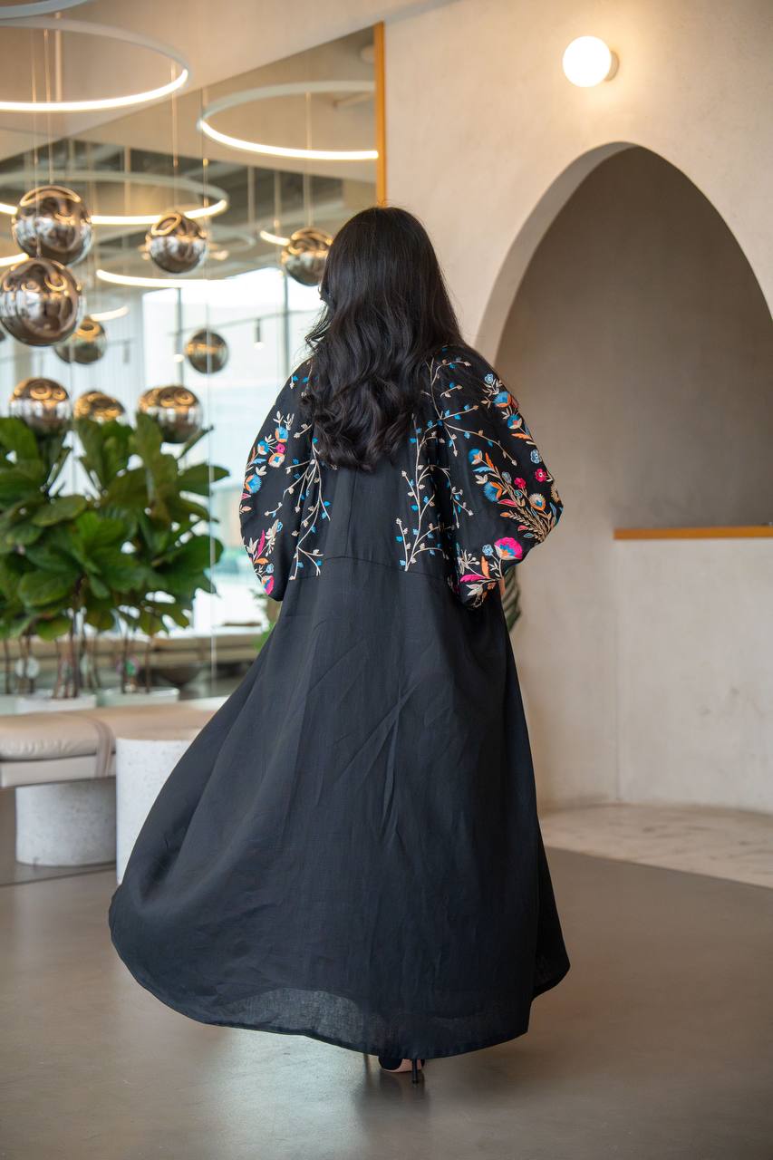 Free size black linen abaya with embroidery C:6631 Blue (Free size)
