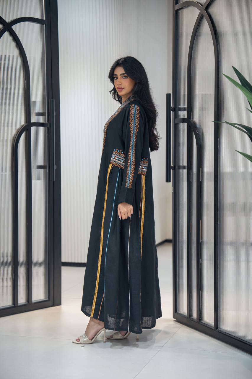 Black linen abaya with embroidery C:6605