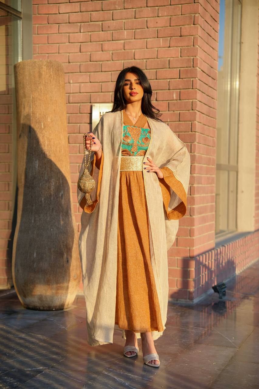Light beige linen burlap bisht with camel linen dress C:6590