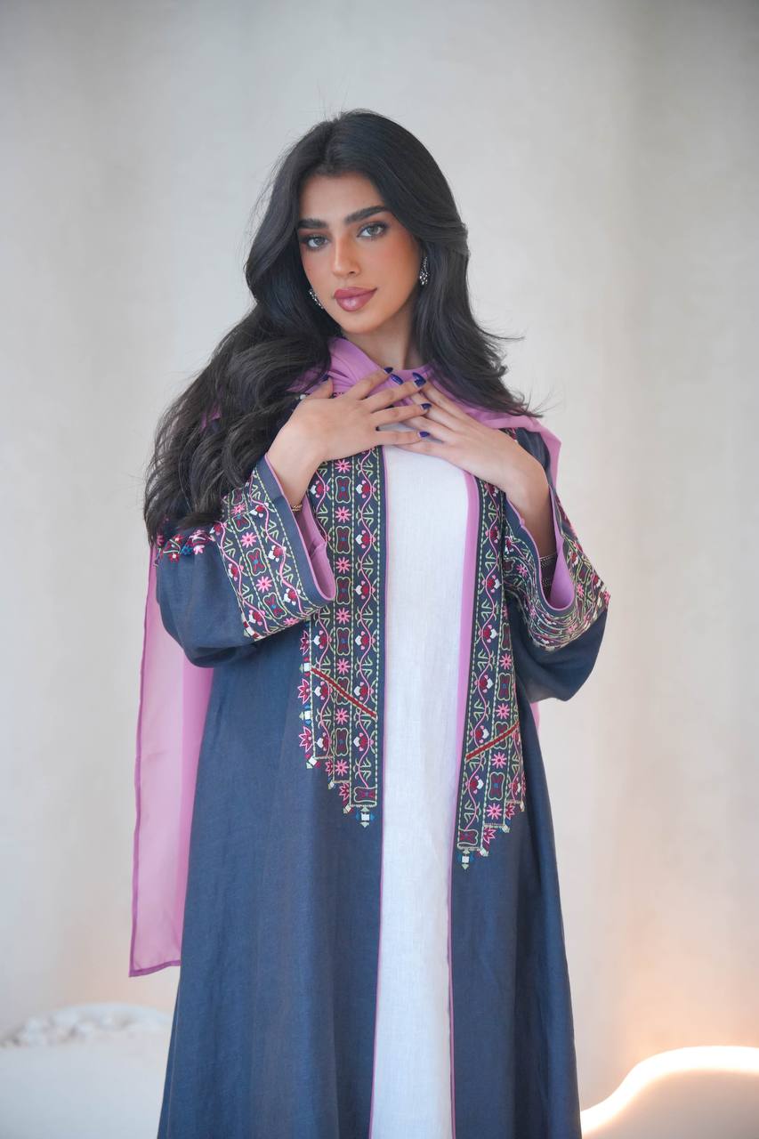 Linen abaya in navy blue with embroidery C:6604