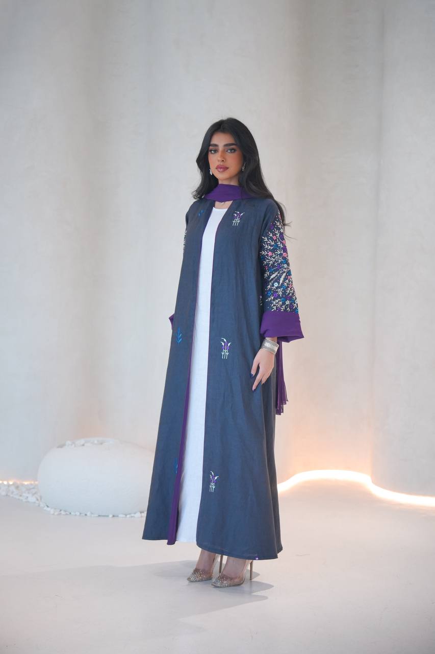 Navy linen abaya with embroidery C:6603