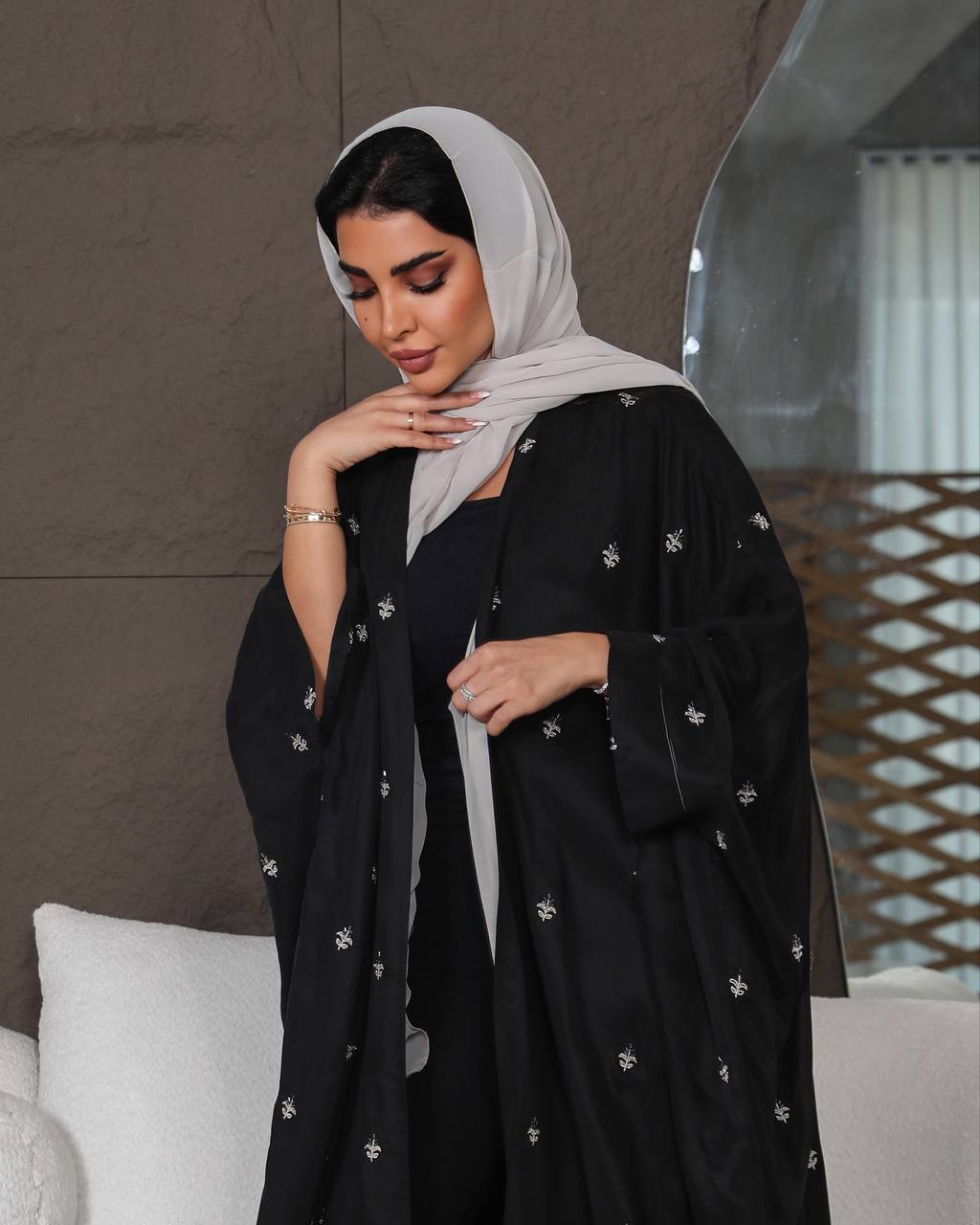 black silk crepe abaya with embroidery C:6387 (Free size)