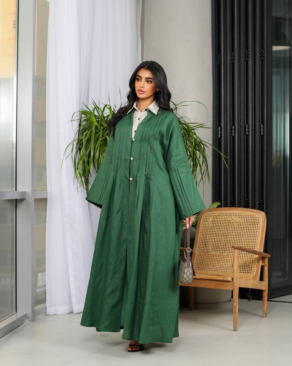 Linen Abaya Green C:6487(Free size)