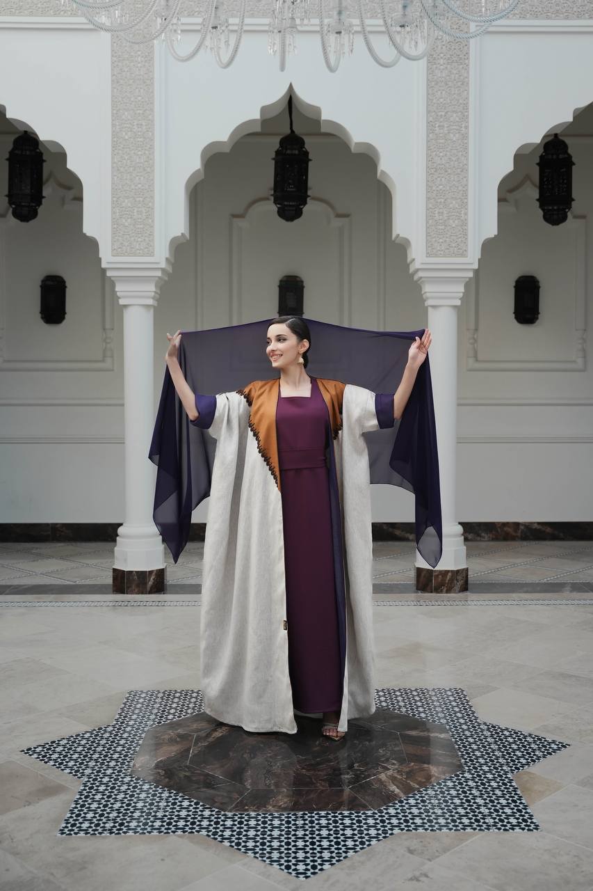 Linen abaya in light beige color C:6599 (Free size)