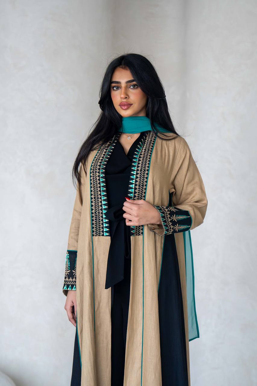 Linen beige abaya with embroidery C:6588 Beige