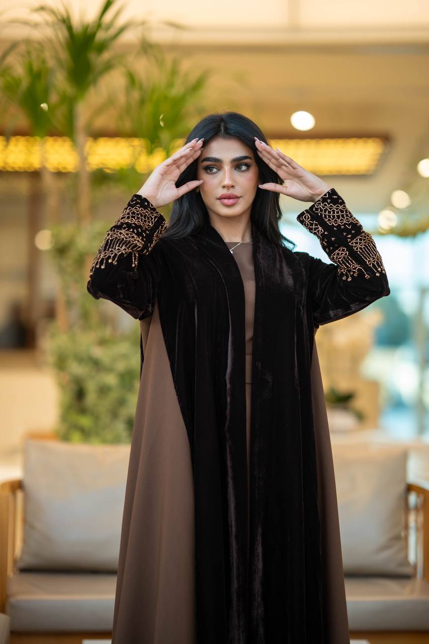 Brown velvet abaya with brown crepe 6579