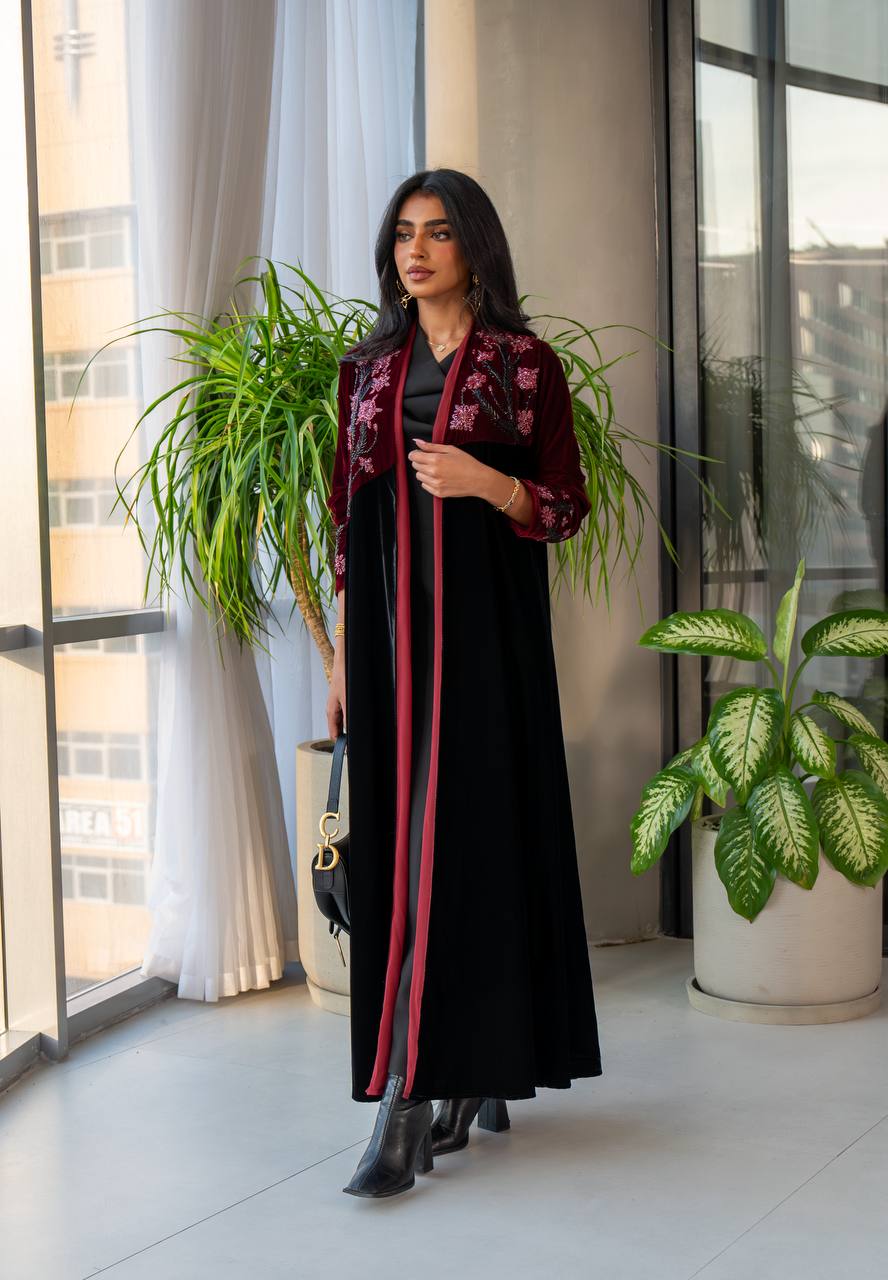 Black and burgundy velvet abaya with embroidery C:6569