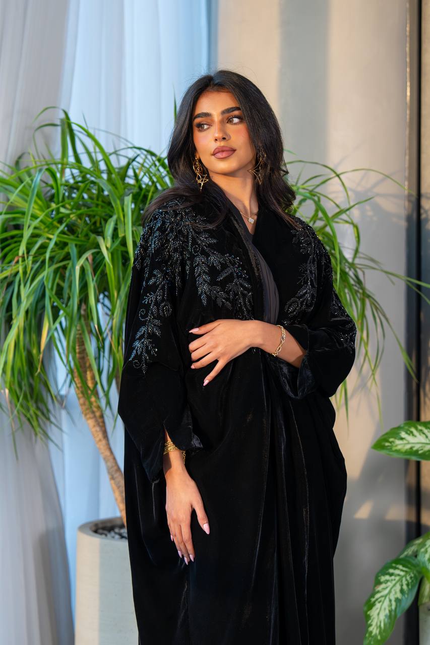 Black velvet bisht abaya with embroidery C:6228 (Free size)