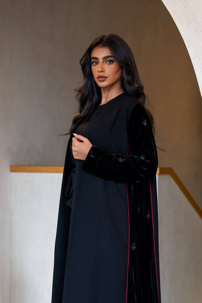 Crepe abaya with black velvet and hand embroidery C:6560 Black