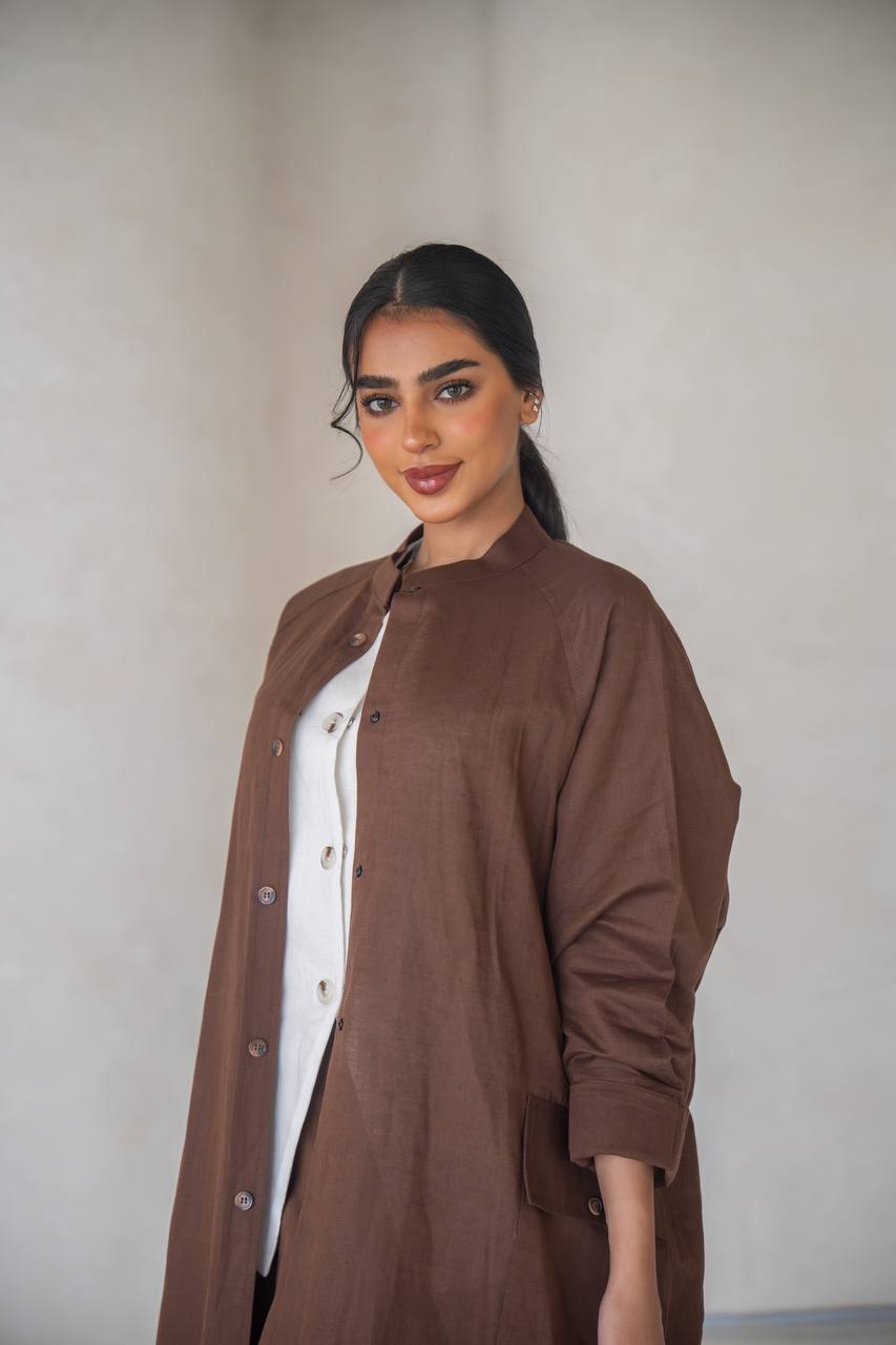 Brown linen abaya with inner set C:6639 Brown