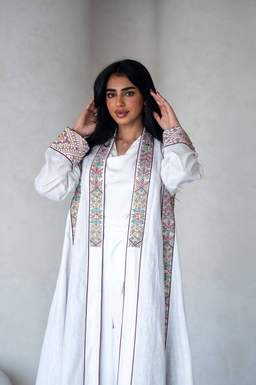 White Lenin Abaya with embroidery C:6589 White