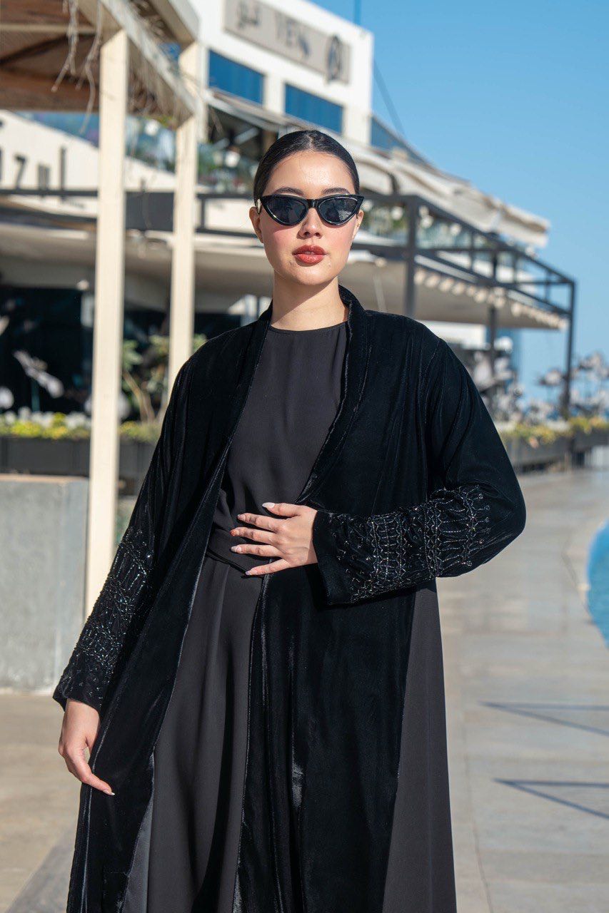 Black velvet and crepe abaya with hand embroidery C:6579 Black