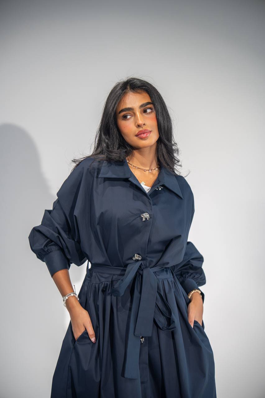 Elegant free size trench coat, in navy blue . C:6685 Navy