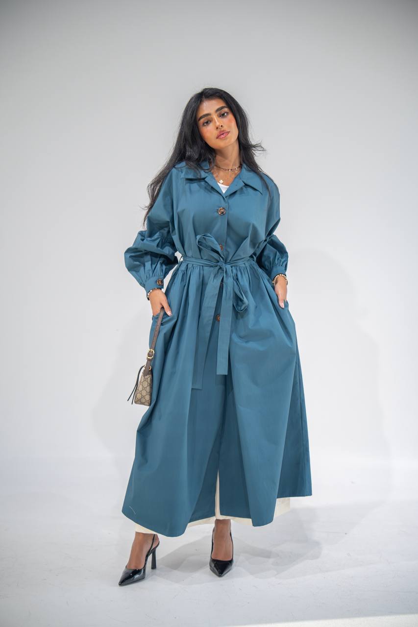 Free size trench coat in blue. C:6685 Blue