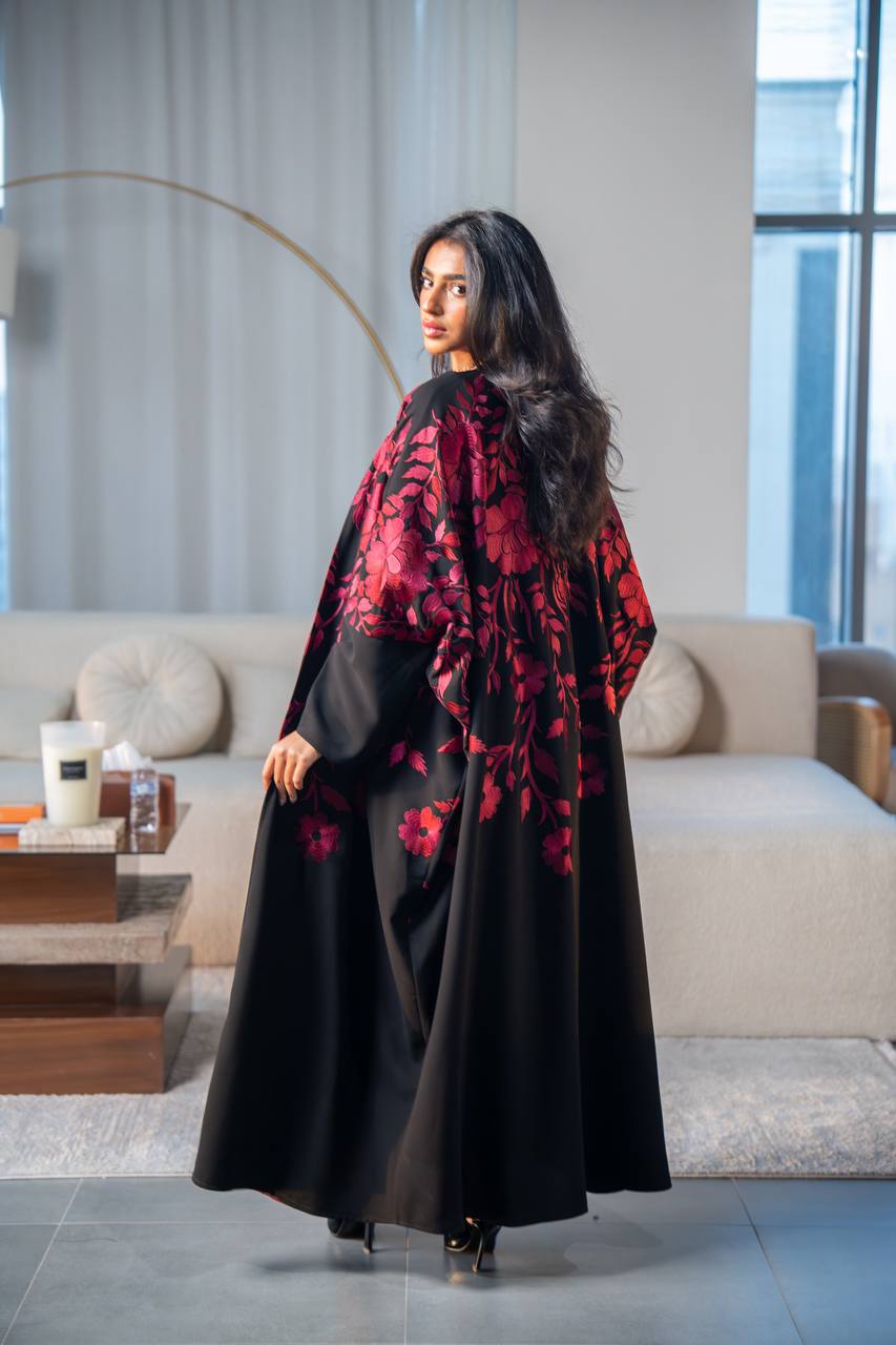 Black crepe abaya with red embroidery.C:6689
