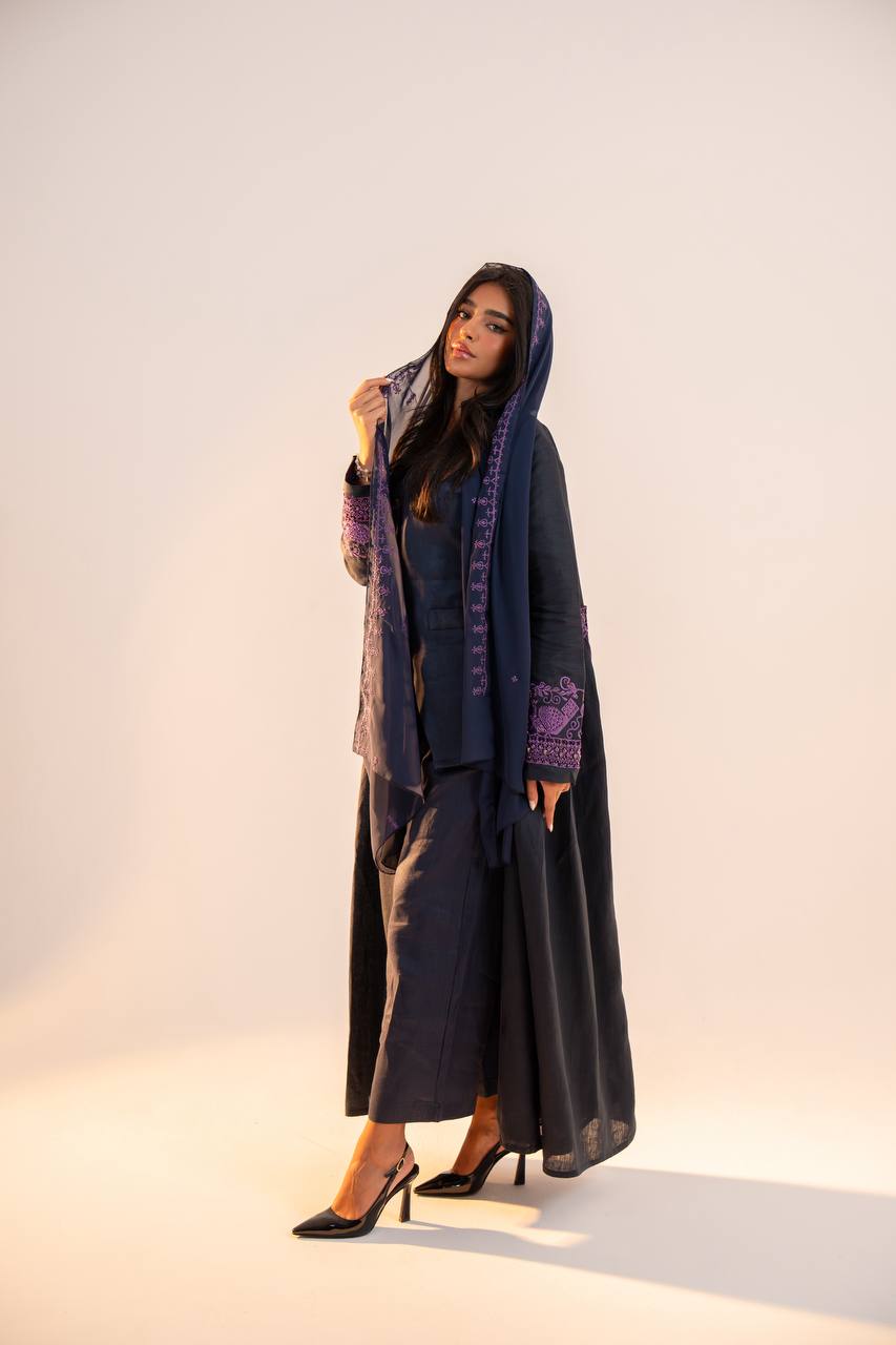 Navy blue linen abaya with purple embroidery. C:6691