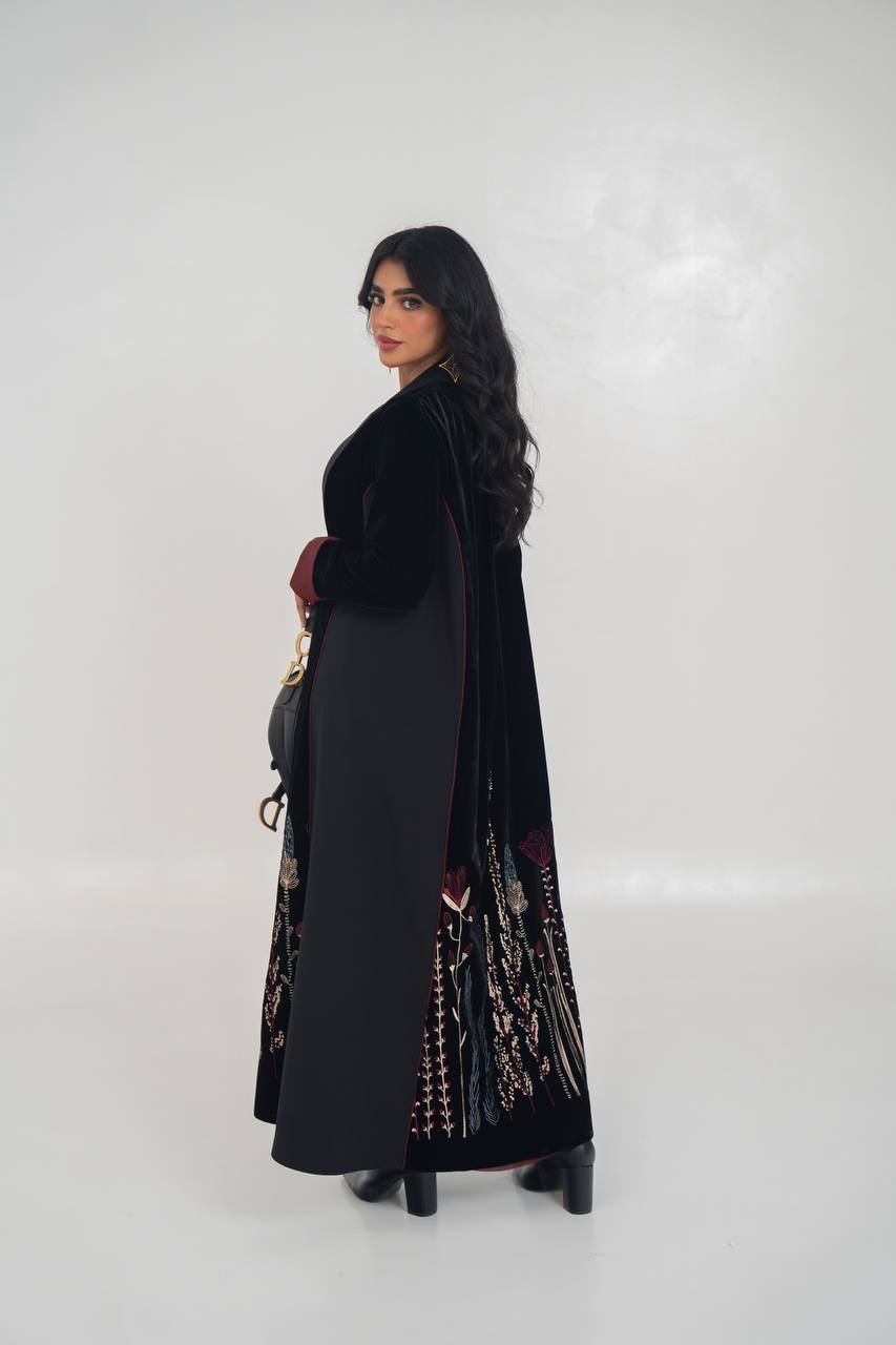 Black velvet blazer abaya with embroidery. C:6712