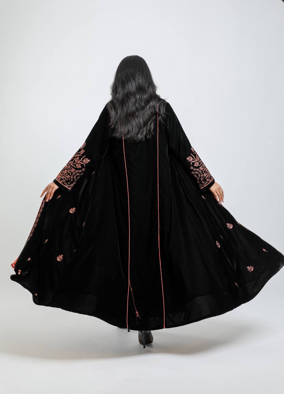 Black velvet abaya with orange embroidery. C:6721