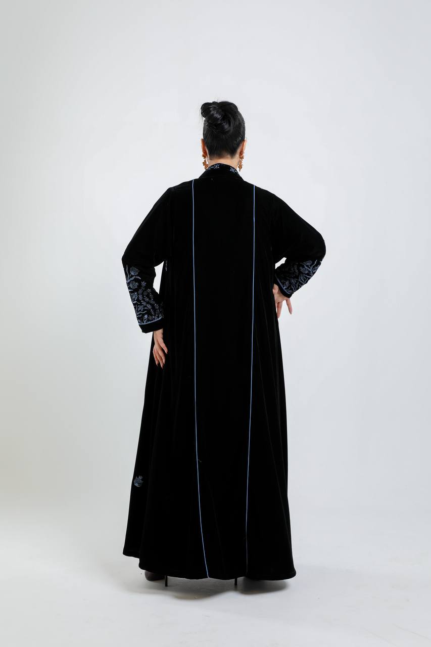 Black velvet abaya with blue embroidery. C:6721 Blue