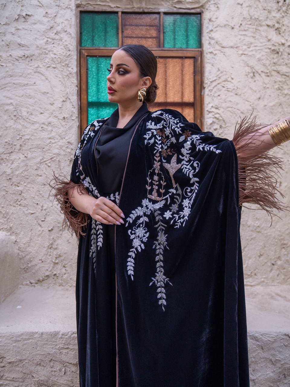 Velvet bisht and jumpsuit set in black with hand embellishment.C:6719
