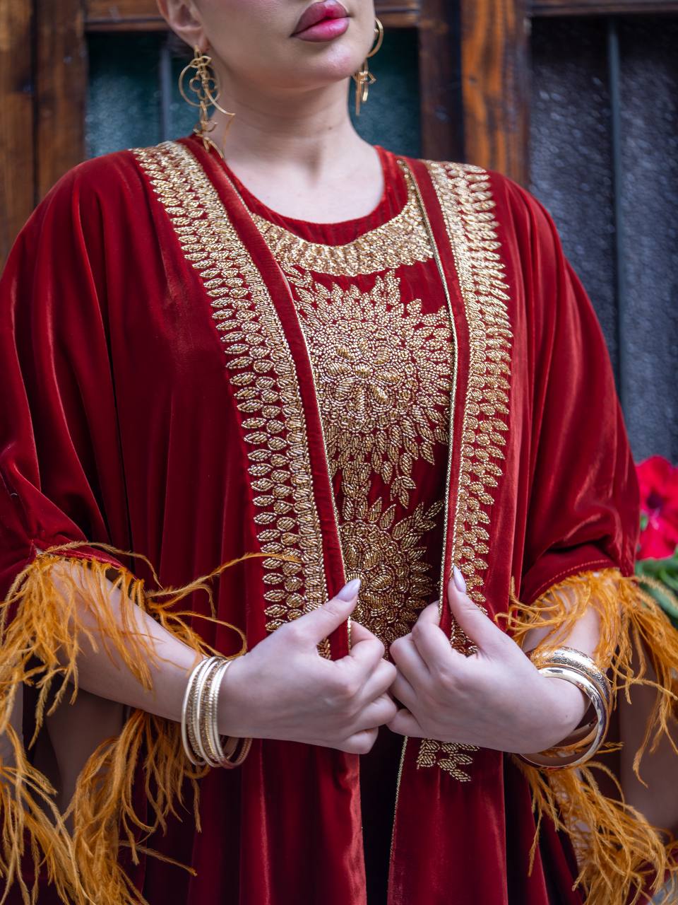 Bisht and dress set in burgundy velvet with hand embellishment.C:6714