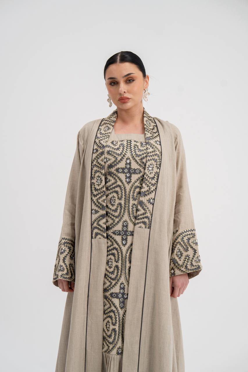 Linen abaya with beige embroidery (with inner set). C:6741