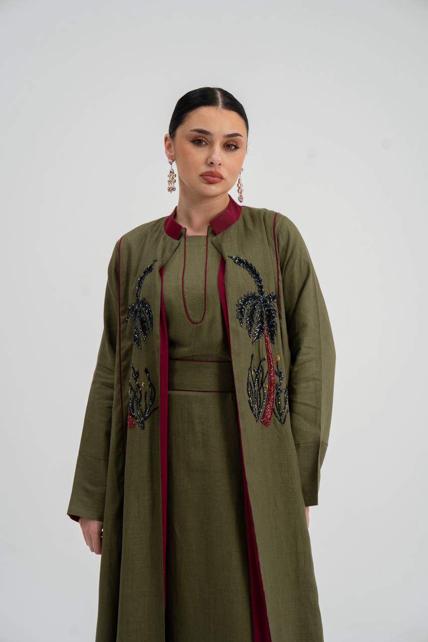 Linen abaya in olive green with hand embroidery (with inner set). C:6748