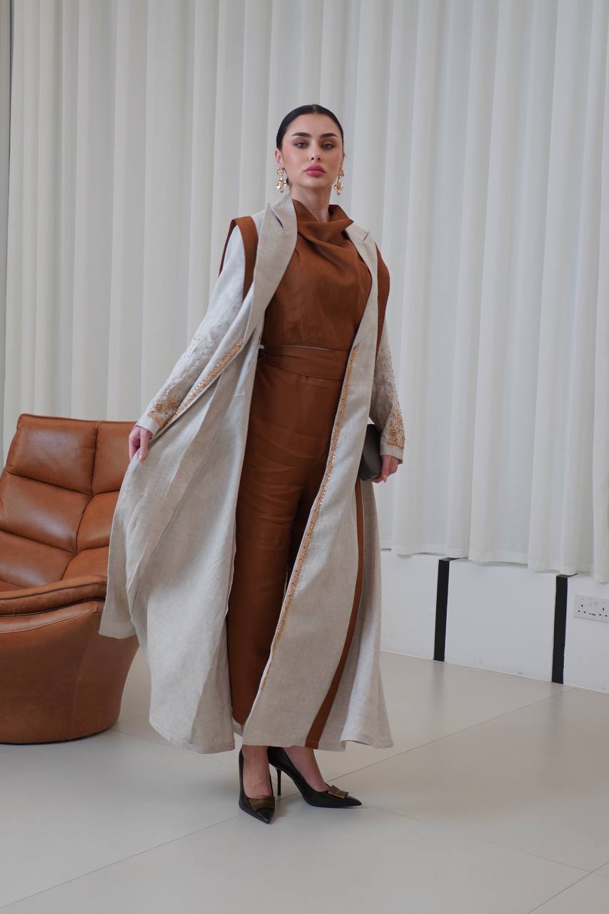 Beige linen blazer abaya with hand-stitched details.C:6751