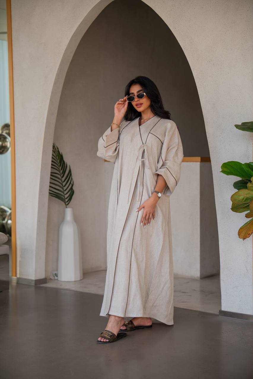 Abaya with inner set, beige, linen C:6635 (Free size)