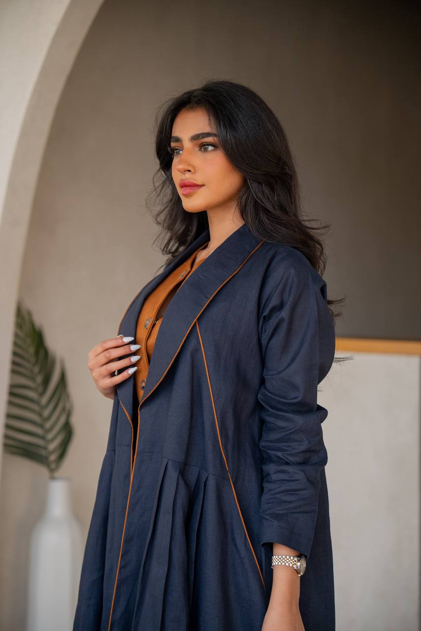 Navy blue linen abaya with inner set C:6633 Blue