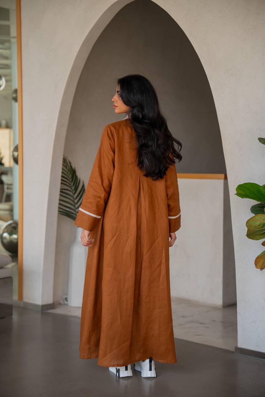 Abaya with inner set made of linen in camel and beige C:6636