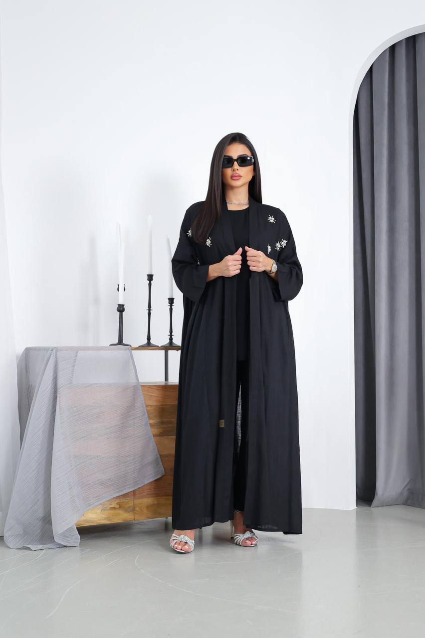 Free size black linen abaya with hand embroidery C:3026 Black (Free size)