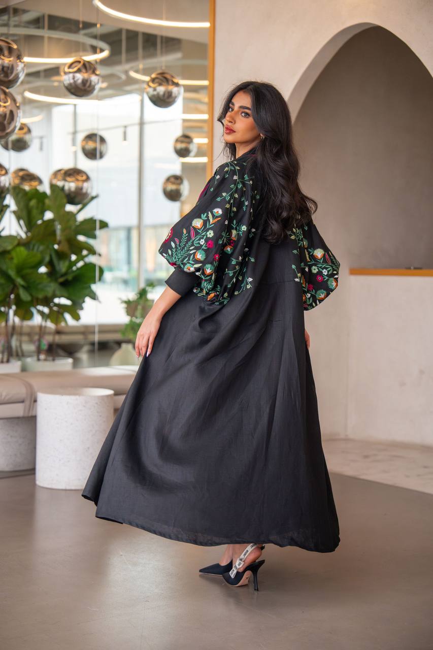 Free size black linen abaya with embroidery C:6631 GREEN (Free size)