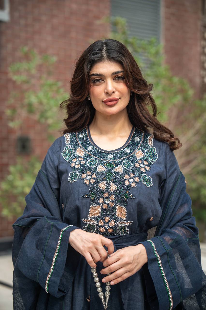 Bisht made of hessian material and linen dress, in navy blue with hand embroidery C:6619