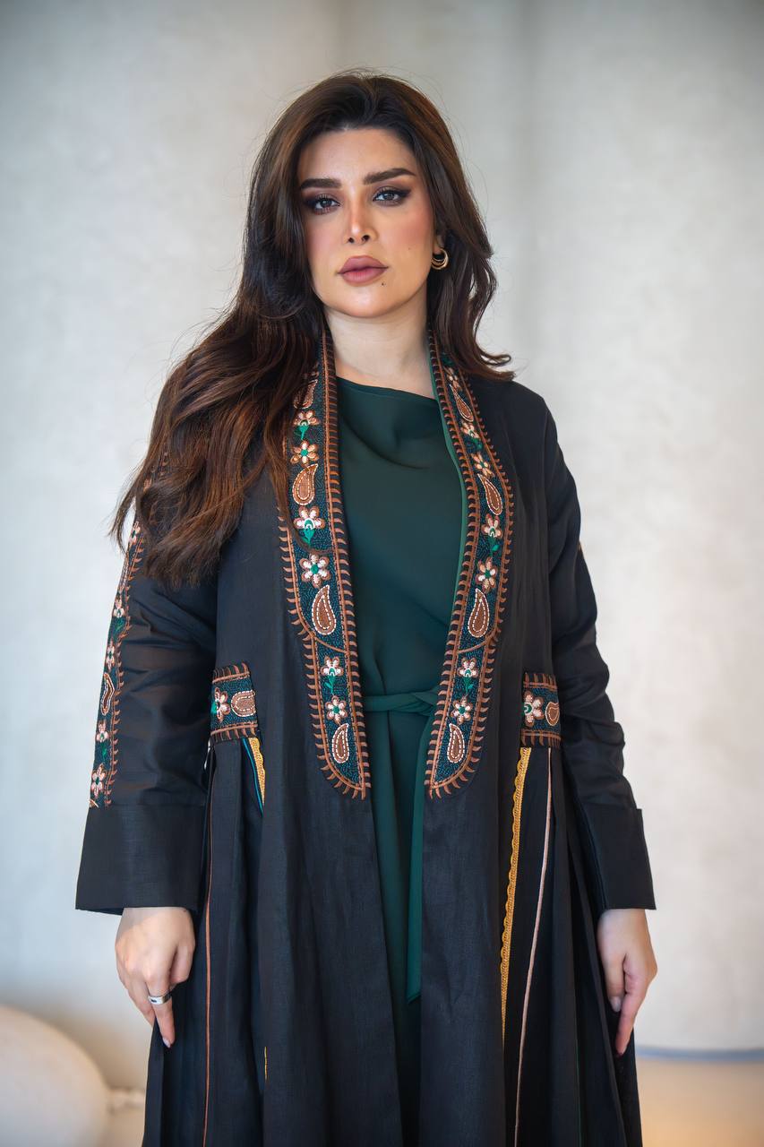 Black linen abaya with embroidery C:6620