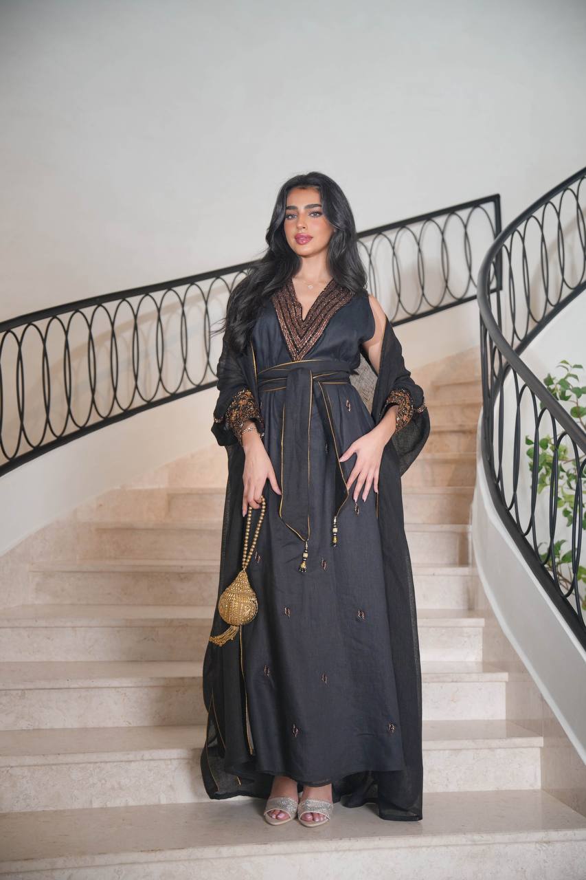 Burlap Bisht with Black Linen Dress with Hand Embroidery C:6613