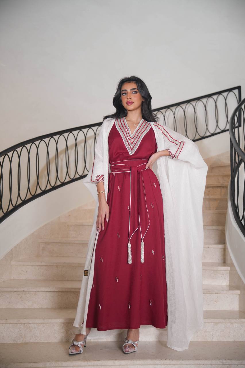 White burlap bisht with burgundy linen dress with embroidery C:6613