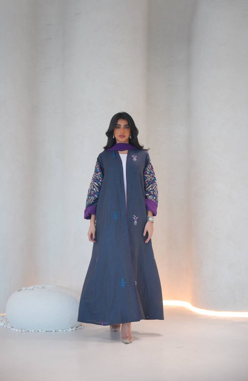 Navy linen abaya with embroidery C:6603