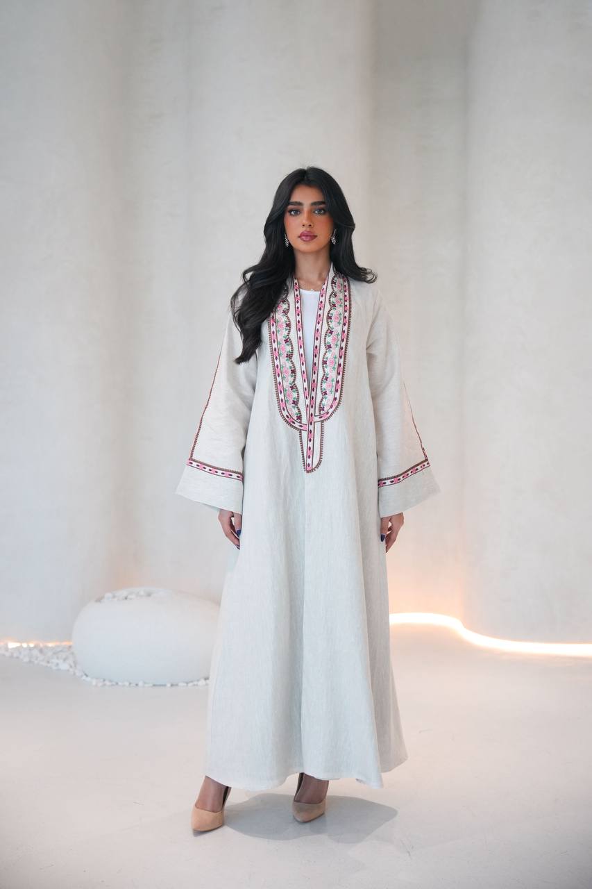 Linen abaya in light beige with embroidery C:6608