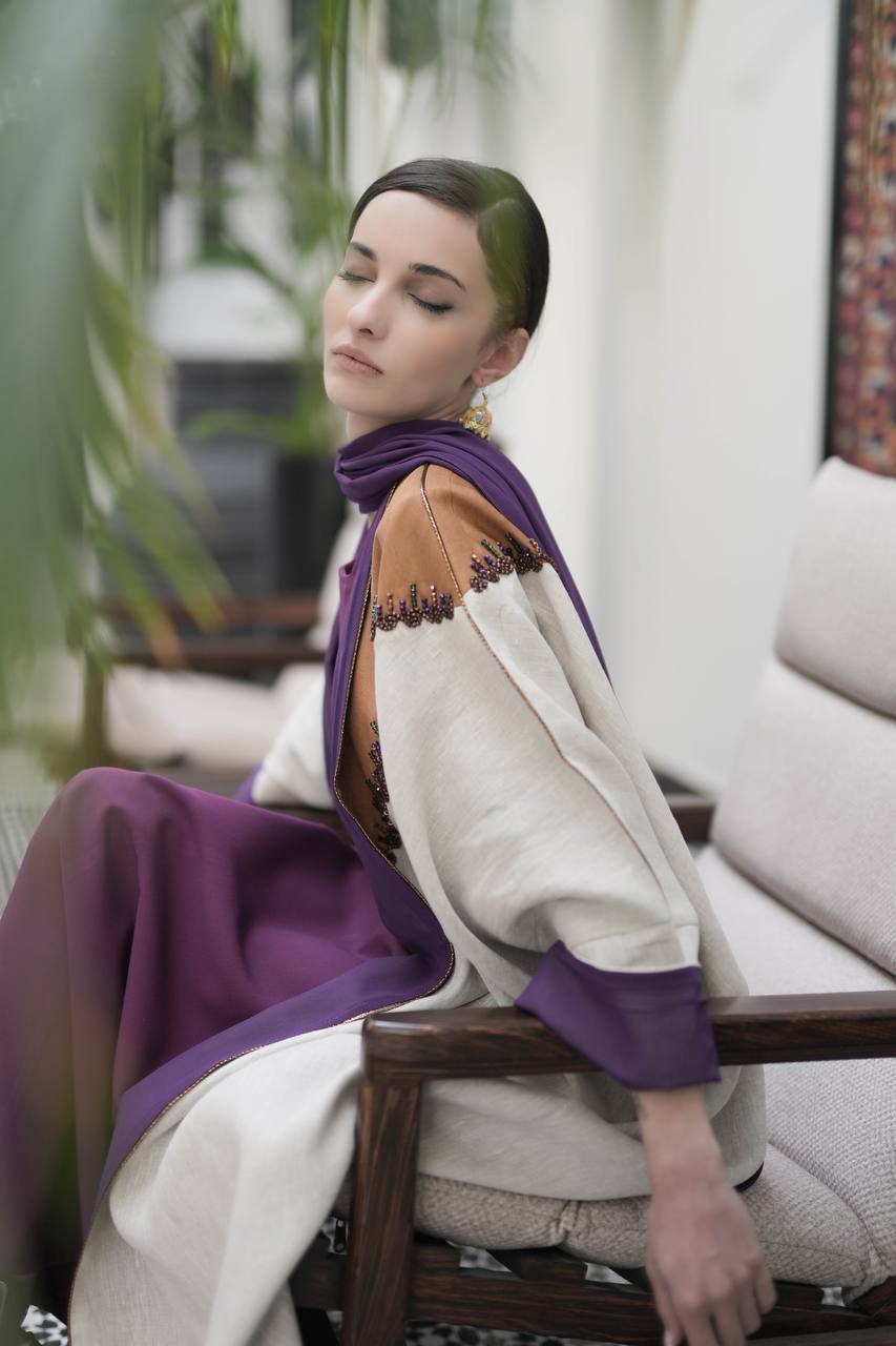 Linen abaya in light beige color C:6599 (Free size)