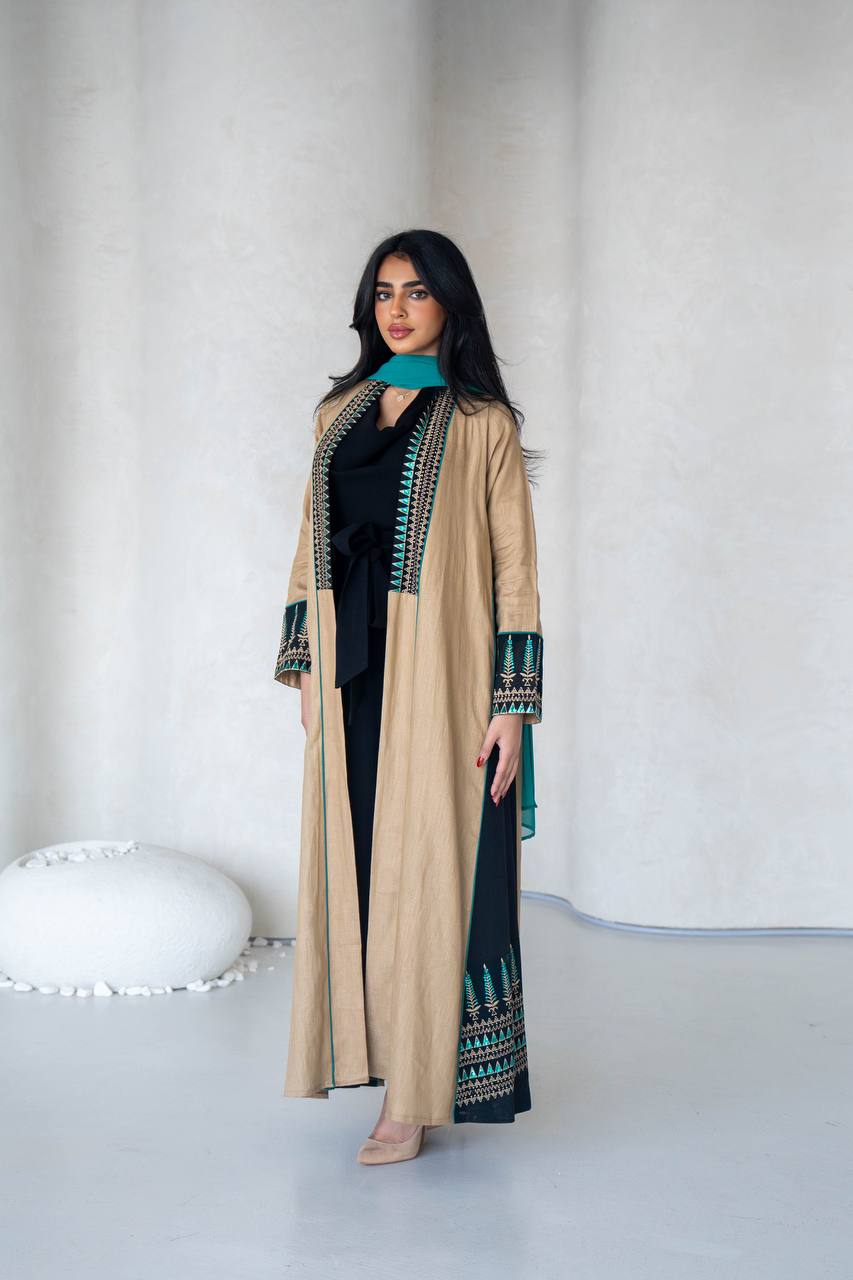 Linen beige abaya with embroidery C:6588 Beige