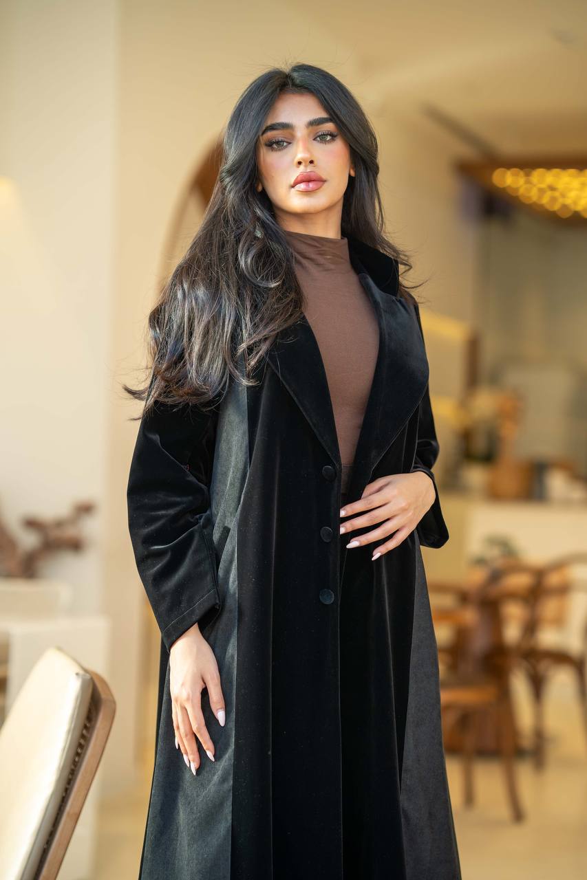 Abaya with raw velvet black crepe and ribbed velvet C:6582 Black