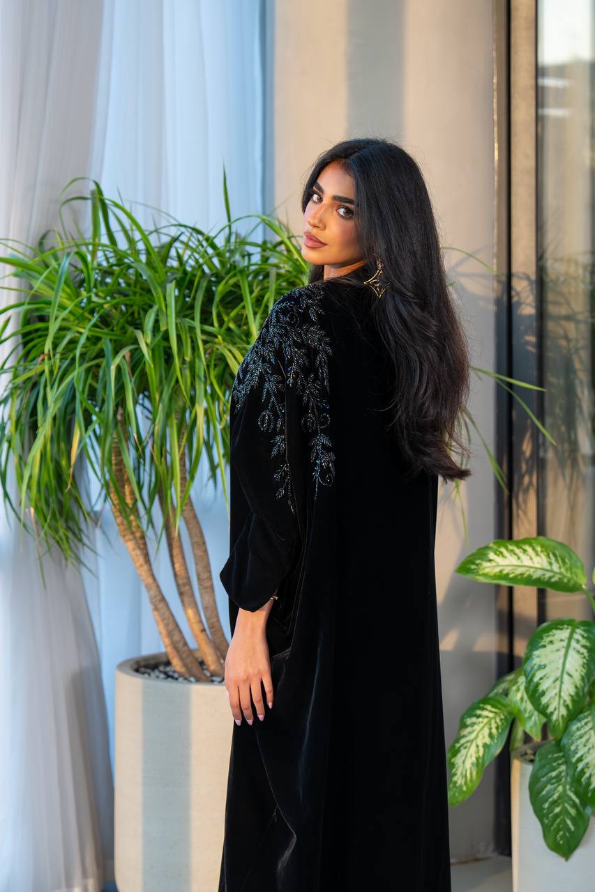 Black velvet bisht abaya with embroidery C:6228 (Free size)