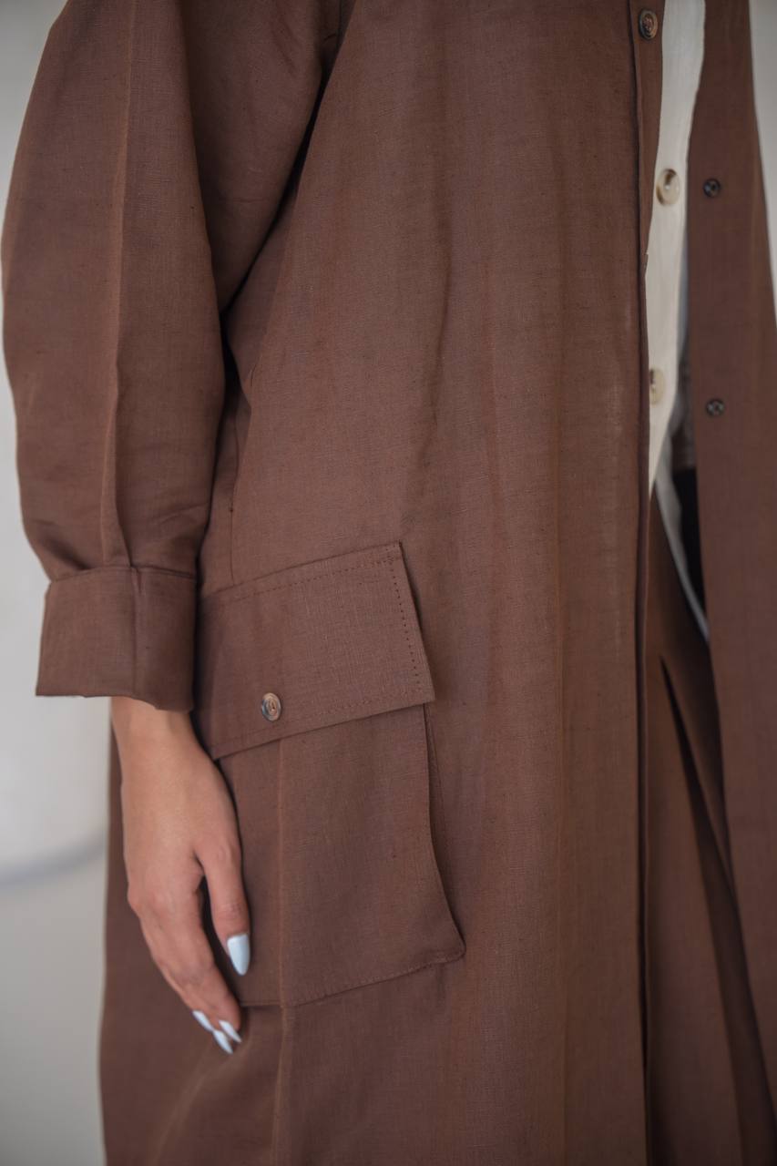 Brown linen abaya with inner set C:6639 Brown