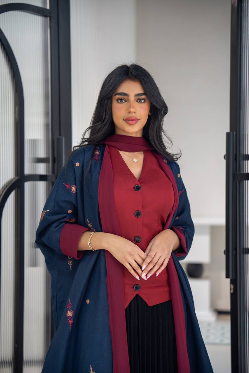 Navy linen abaya with embroidery C:6622