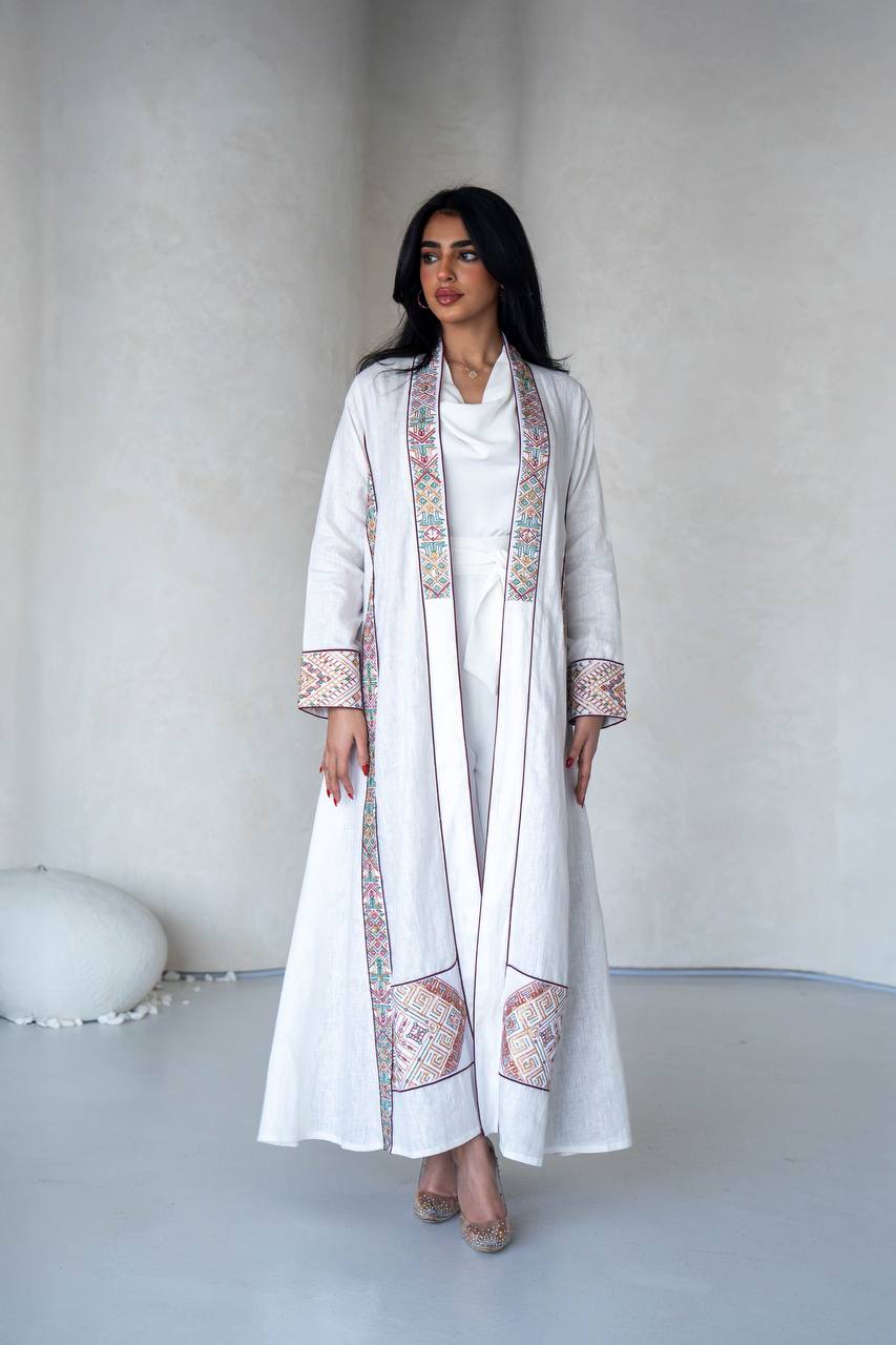White Lenin Abaya with embroidery C:6589 White