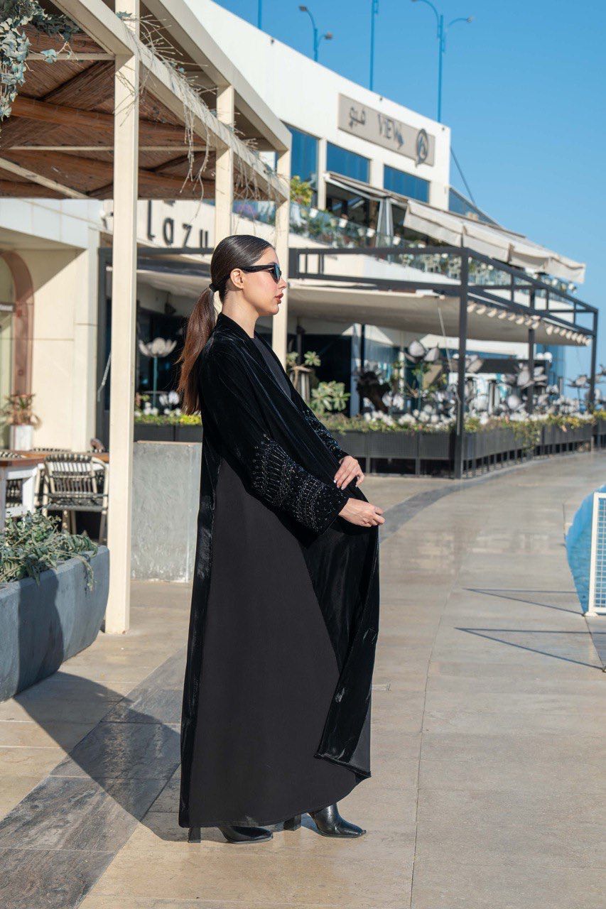 Black velvet and crepe abaya with hand embroidery C:6579 Black