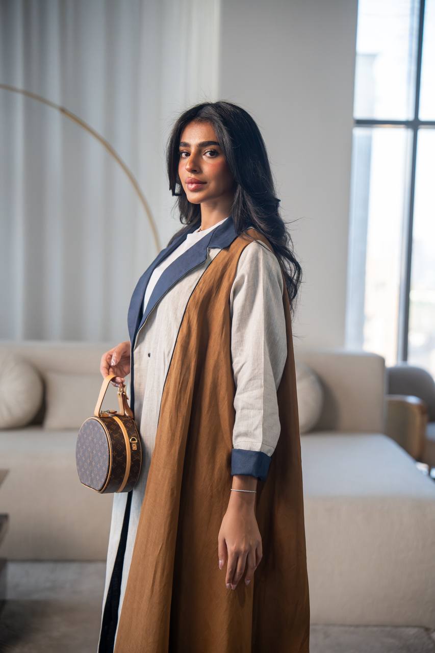 Beige and camel linen abaya. C:6686